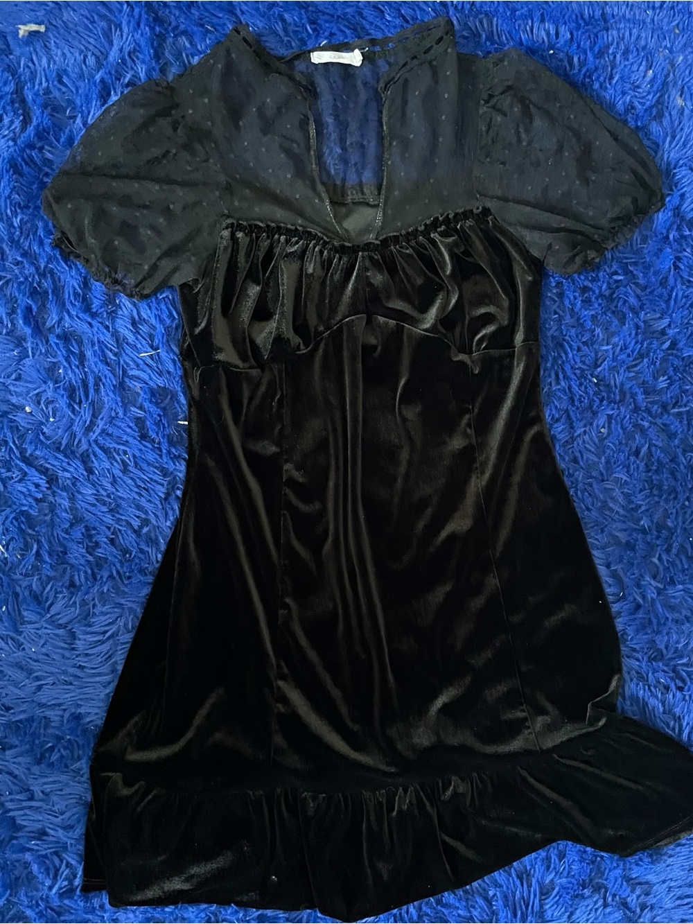 Lush Black Velvet Mini Dress with Sheer Puff Sleeves